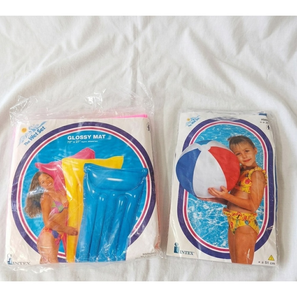 Vintage Intex Wet Set Inflatable Glossy Pool Mat And Beach Ball 1994 1997 Lot